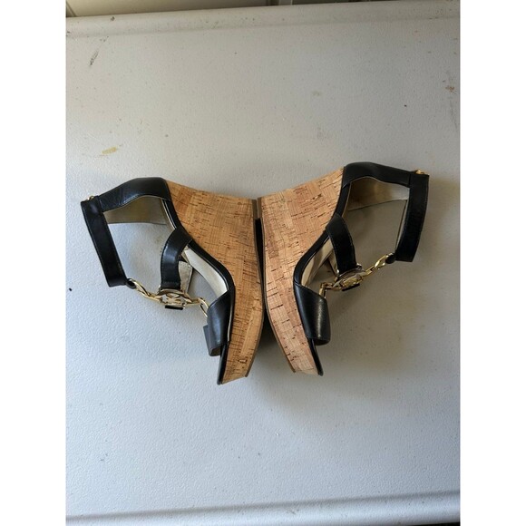 NWOT Michael Kors Hyden Genuine Leather Gold Hardware Kork Wedge Sandals 5M - Picture 6 of 8